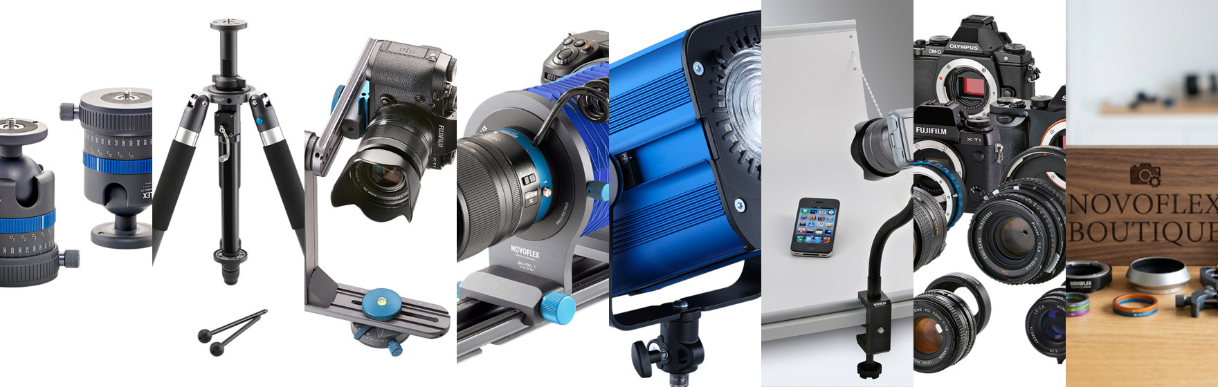 Übersicht der NOVOFLEX-Produktkategorien: Stativköpfe, Stative, Panorama, Makro, HEDLER Licht, Aufnahmetische, Adapter und Boutique