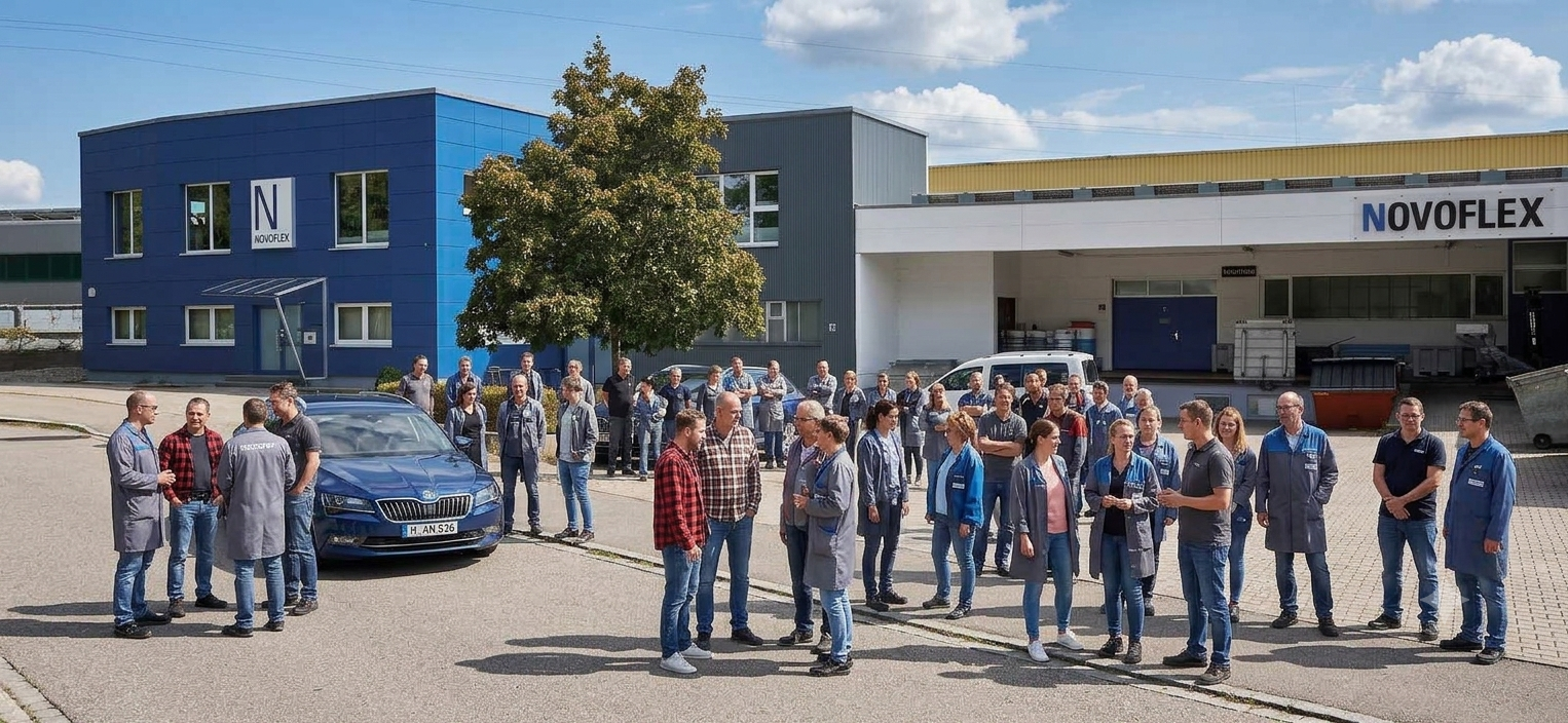 NOVOFLEX-Team vor dem Firmengebäude